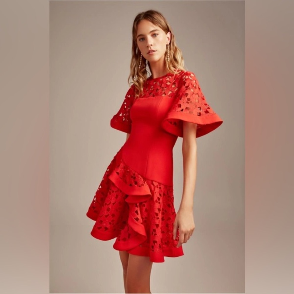 KEEPSAKE Headlines Mini Shift Dress Red Laser Cut Ruffle Flutter Sleeves Small
